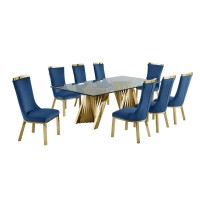 9pc dining set Recatngle Glass table with gold color base and Navy Blue velvet chairs