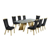 9pc dining set Recatngle Glass table with gold color base and Black velvet chairs