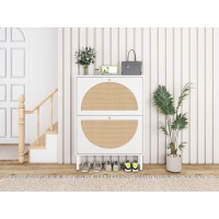 Zehuoge Rattan Shoe Cabinet With 2 Flip Drawers White Shoe Shelf Organizer With Circle Rattan Doors Entryway Narrow Storage Ca