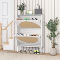 Zehuoge Rattan Shoe Cabinet With 2 Flip Drawers White Shoe Shelf Organizer With Circle Rattan Doors Entryway Narrow Storage Ca