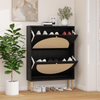 Zehuoge Rattan Shoe Cabinet With 2 Flip Drawers Black Free Standing Storage Racks With Metal Legs Shoe Organizers Entrance Hal