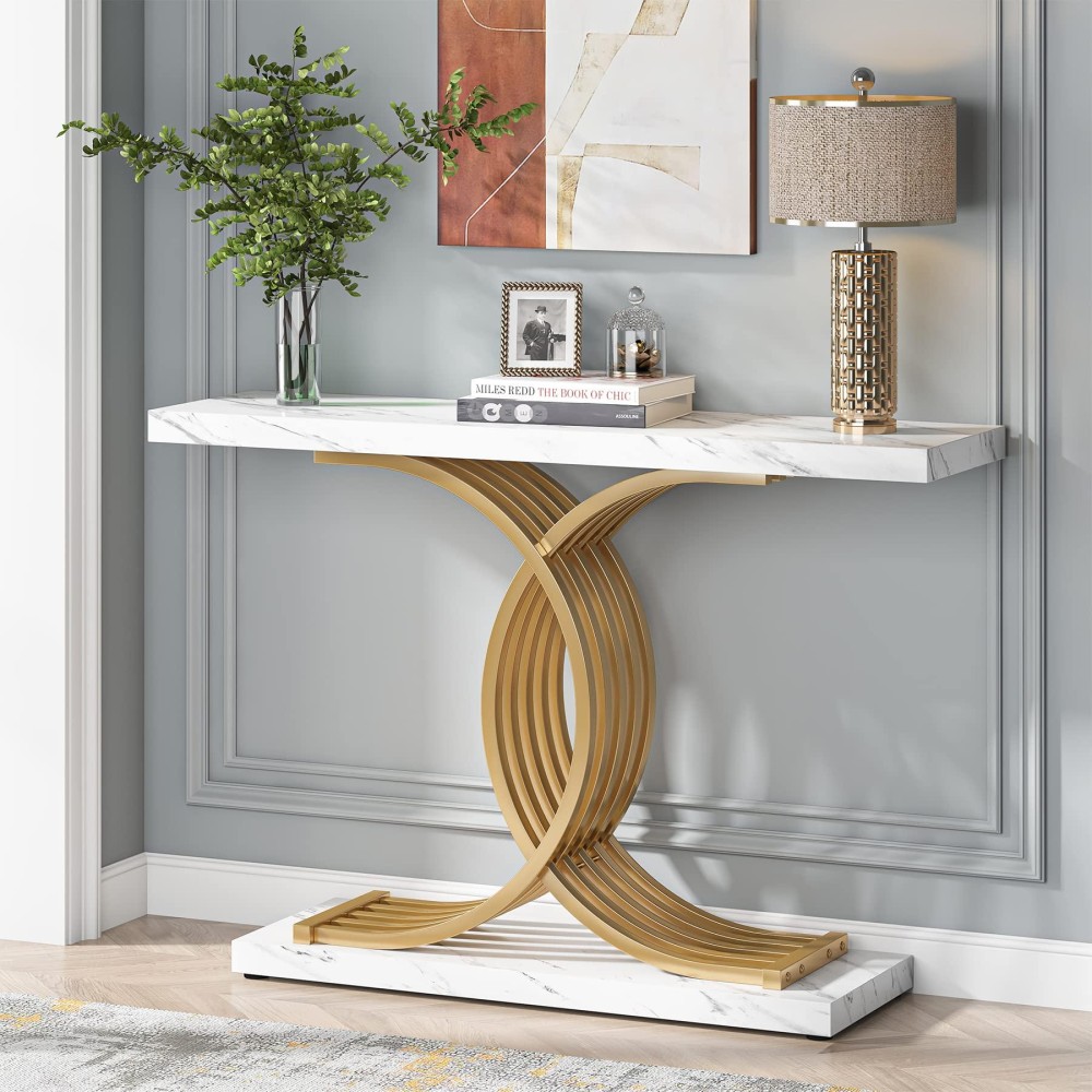 Tribesigns Gold Entryway Table, Modern 39-Inch Console/Accent Table With Geometric Metal Legs, Faux Marble Narrow Wood Sofa Table, Foyer Table For Entrance, Living Room (Gold & White)