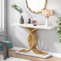 Tribesigns Gold Entryway Table, Modern 39-Inch Console/Accent Table With Geometric Metal Legs, Faux Marble Narrow Wood Sofa Table, Foyer Table For Entrance, Living Room (Gold & White)