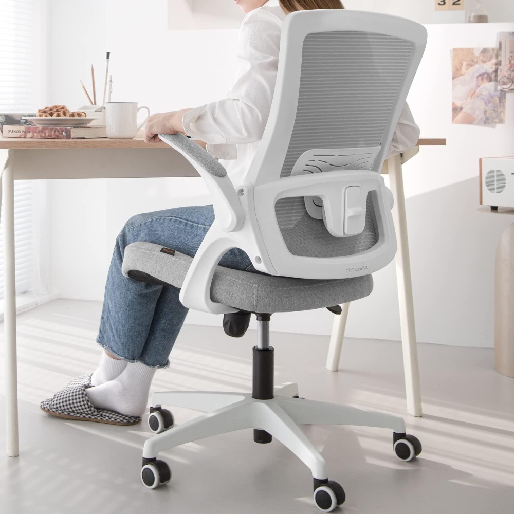 Neo Chair High Back Mesh Chair Adjustable Height And Ergonomic Design Home Office Computer Desk Chair Executive Lumbar Support Padded Flip-Up Armrest Swivel Chair (Grey)