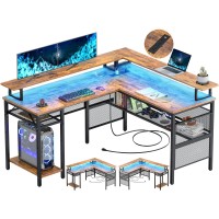 Unikito L Shaped Desk With Led Light And Power Outlet Reversible Corner Computer Table With Monitor Stand And Storage Shelf Mo