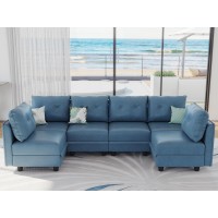 Llappuil Modern Faux Leather Sectional Sleeper Sofa, Cozy 6-Seater U-Shaped Couch With Storage Chaise. Waterproof Stain- Resistant Convertible Couches, Perfect For Small Spaces, Navy Blue