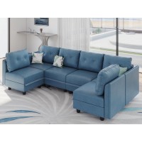 Llappuil Modern Faux Leather Sectional Sleeper Sofa, Cozy 6-Seater U-Shaped Couch With Storage Chaise. Waterproof Stain- Resistant Convertible Couches, Perfect For Small Spaces, Navy Blue