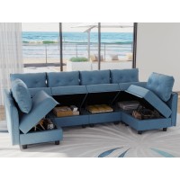 Llappuil Modern Faux Leather Sectional Sleeper Sofa, Cozy 6-Seater U-Shaped Couch With Storage Chaise. Waterproof Stain- Resistant Convertible Couches, Perfect For Small Spaces, Navy Blue