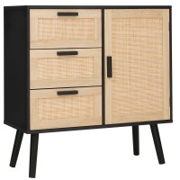 Iwell Storage Cabinet With Rattan Door & 3 Drawers, Rattan Cabinet With Adjustable Shelf, Floor Cabinet For Living Room, Bedroom, Entryway, Home Office, Black