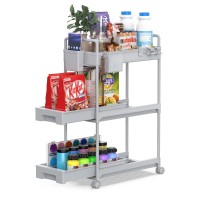 Spacekeeper Rolling Storage Cart, Slide Out Bathroom Organizer 3-Tier Laundry Room Organization Shelf Mobile Utility Cart With Hanging Cups, Dividers For Kitchen Bathroom Narrow Spaces, Grey