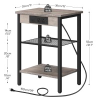 Hoobro End Tables Set Of 2 With Charging Station And Usb Ports, 3-Tier Nightstands With Adjustable Shelves, Narrow Side Tables For Small Space In Living Room, Bedroom And Balcony, Greige Bg112Bzp201
