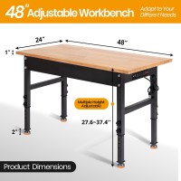 48 Adjustable Work Bench Rubber Wood Top Workbench Heavyduty Work Table With Power Outlet 2000 Lbs Load Capacity Hardwood W