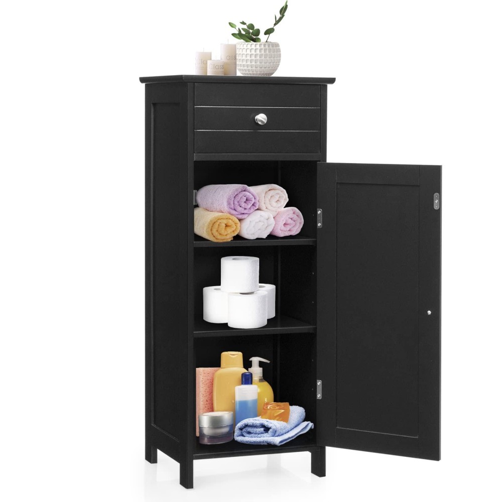 Costway Bathroom Storage Cabinet, Single Door Floor Cabinet With Drawer And 3-Level Adjustable Shelves, Modern Side Storage Organizer With Anti-Tipping Device For Living Room, Bedroom (Black)