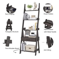 Lovitgo Ladder Shelf, 5 Tier Ladder Bookshelf with Power Outlet, USB Port, Fast Charging and Drawer, Wood Ladder Shelves for Living Room, Home Office, Kitchen, Bedroom, Industrial Style, Espresso