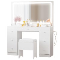 Ironck Vanity Desk With Led Lighted Mirror Power Outlet 7 Drawers Makeup Vanities Table With Stool For Bedroom White