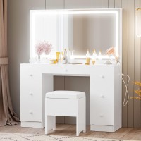 Ironck Vanity Desk With Led Lighted Mirror Power Outlet 7 Drawers Makeup Vanities Table With Stool For Bedroom White