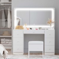 Ironck Vanity Desk With Led Lighted Mirror Power Outlet 7 Drawers Makeup Vanities Table With Stool For Bedroom White