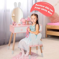 Kotek Kids Vanity Set With Mirror, Wooden Princess Makeup Dressing Table With Stool, 2 Storage Drawers & Display Shelf, Girls Pretend Play Vanity For Toddler (White)
