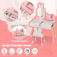 Kotek Kids Vanity Set With Mirror, Wooden Princess Makeup Dressing Table With Stool, 2 Storage Drawers & Display Shelf, Girls Pretend Play Vanity For Toddler (White)