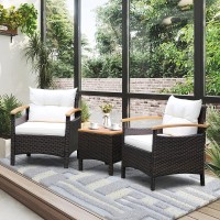 Tangkula 3-Piece Patio Furniture Set, Patiojoy Outdoor Rattan Sofa Set With Coffee Table, Patio Conversation Set With Removable Cushion, Cozy Acacia Wood Armrests For Backyard, Poolside (Off White)