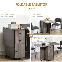 Homcom Foldable Dining Table, Rolling Kitchen Table With Storage Drawers And Cabinet, Drop Leaf Table On Wheels, Grey