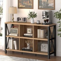 Fatorri 6 Cube Storage Organizer With Shelf, Long Wood And Metal Cubby Bookcase, Industrial Horizontal Bookshelf (Rustic Oak, 47 Inch)
