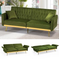 Acmease 70?Velvet Futon Sofa Bed W/Adjustable Armrests & 2 Pillows, Convertible Futon Couch, Modern Sleeper Bed For Living Room, Bedroom, Olive Green