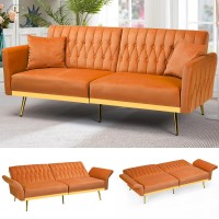 Acmease 70?Velvet Futon Sofa Bed W/Adjustable Armrests & 2 Pillows, Convertible Futon Couch, Modern Sleeper Bed For Living Room, Bedroom, Orange