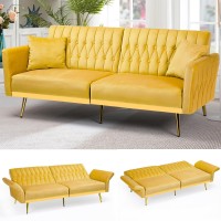 Acmease 70?Velvet Futon Sofa Bed W/Adjustable Armrests & 2 Pillows, Convertible Futon Couch, Modern Sleeper Bed For Living Room, Bedroom, Yellow
