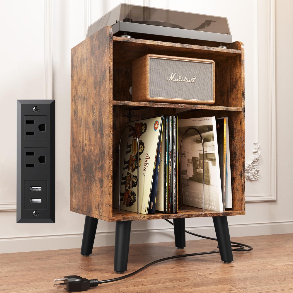 Record Player Stand, Turntable Stand With Record Storage And Charging Station & Usb Ports, Record Player Table With Metal Divider, Record Stand Up To 120 Albums For Living Room, Bedroom Brown