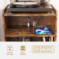 Record Player Stand, Turntable Stand With Record Storage And Charging Station & Usb Ports, Record Player Table With Metal Divider, Record Stand Up To 120 Albums For Living Room, Bedroom Brown