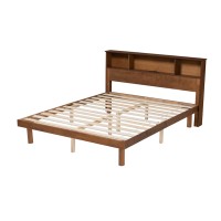 Baxton Studio Lochlan MidCentury Modern Transitional Walnut Brown Finished Wood Full Size Platform Bed with Charging Station