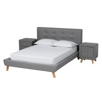 Baxton Studio Jonesy MidCentury Modern Transitional Grey Fabric Upholstered Queen Size 3Piece Bedroom Set