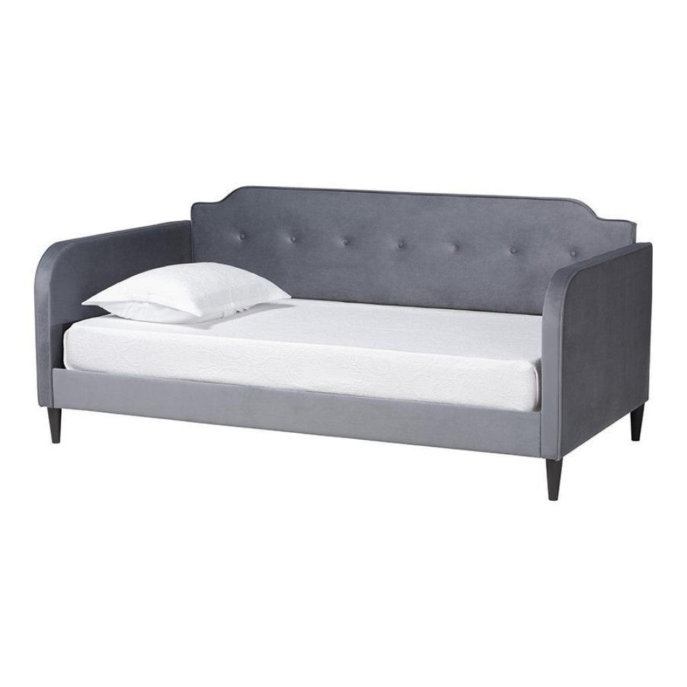 Baxton Studio Kaya Modern and Contemporary Grey Velvet Fabric and Dark Brown Finished Wood Twin Size Daybed