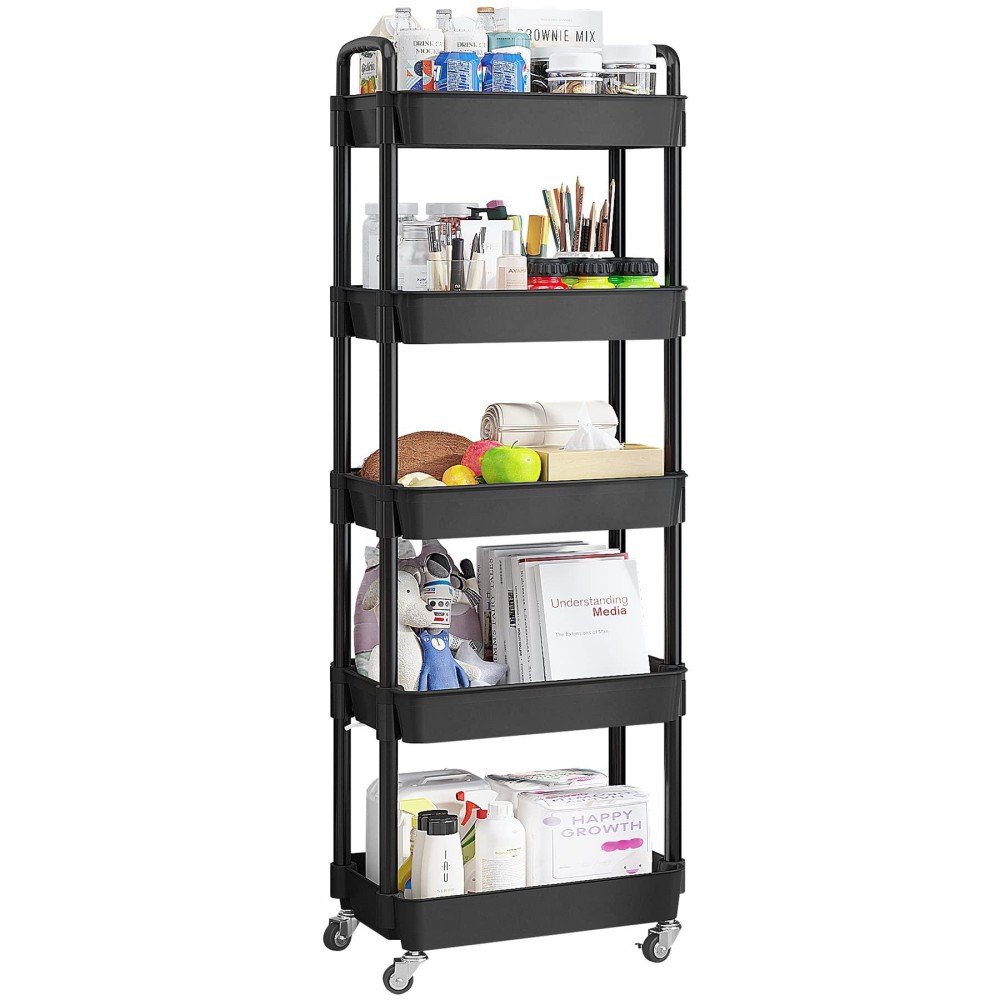 Udear 5-Tier Rolling Utility Cart With 12 Category Labels,Multifunctional Storage Shelves With Handle And Lockable Wheels For Room,Office,Kitchen,Bathroom,Black