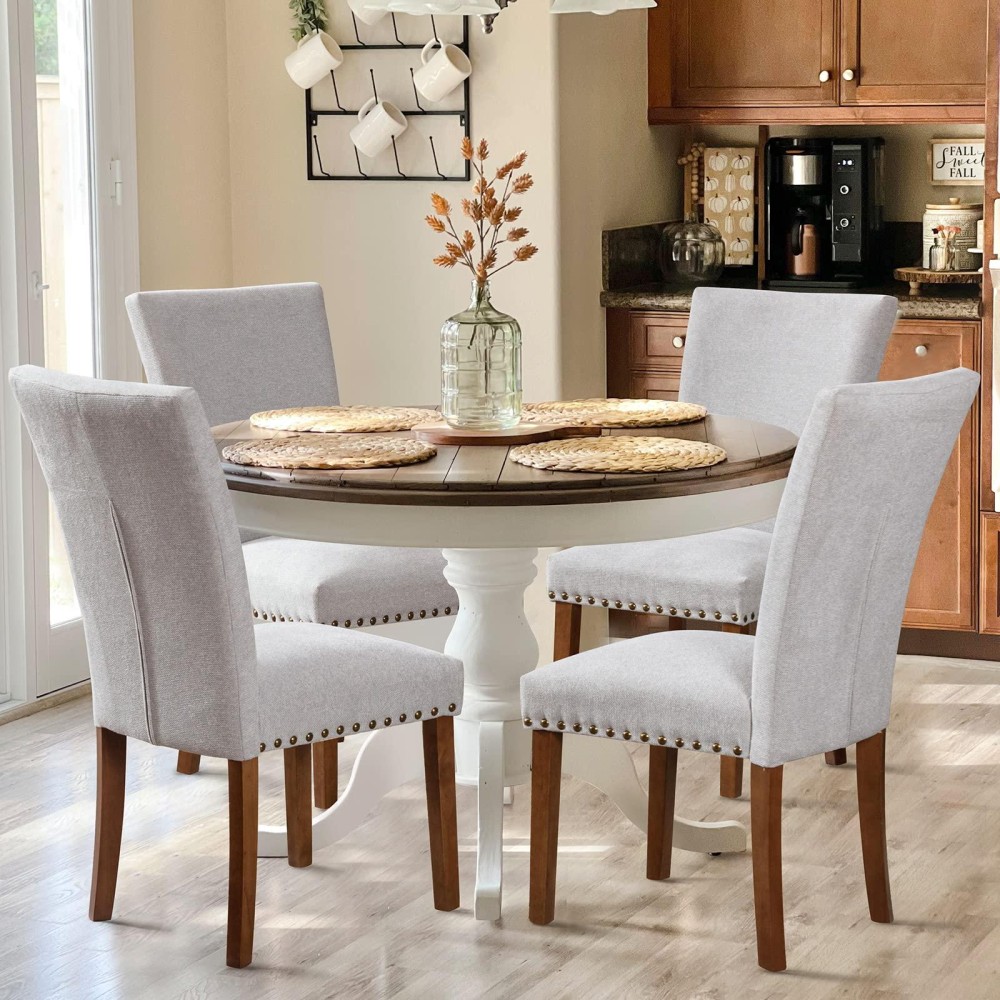 Colamy Upholstered Parsons Dining Chairs Set Of 4, Fabric Dining Room Kitchen Side Chair With Nailhead Trim And Wood Legs - Light Grey