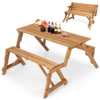 Gymax Picnic Table, 2 In 1 Convertible Picnic Bench Table Set, Transforming Interchangeable Wooden Picnic Table With Umbrella Hole, Collapsible Outdoor Patio Dining Table Garden Bench