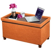 Ao Lei 30 Inches Storage Ottoman Bench, Storage Bench With Wooden Legs For Living Room Ottoman Foot Rest Removeable Lid For Bedroom End Of Bed, Linen Fabric, Orange