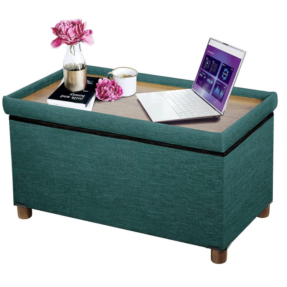 Ao Lei 30 Inches Storage Ottoman Bench, Storage Bench With Wooden Legs For Living Room Ottoman Foot Rest Removeable Lid For Bedroom End Of Bed, Linen Fabric Green Color