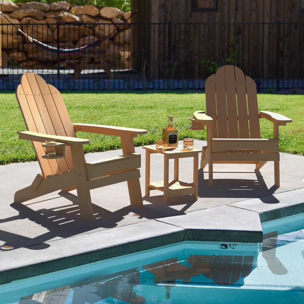 Lue Bona Folding Adirondack Chair Set Of 2 With Adirondack Side Table Brown Hdps Fire Pit Adirondack Chairs With Cup Holder For