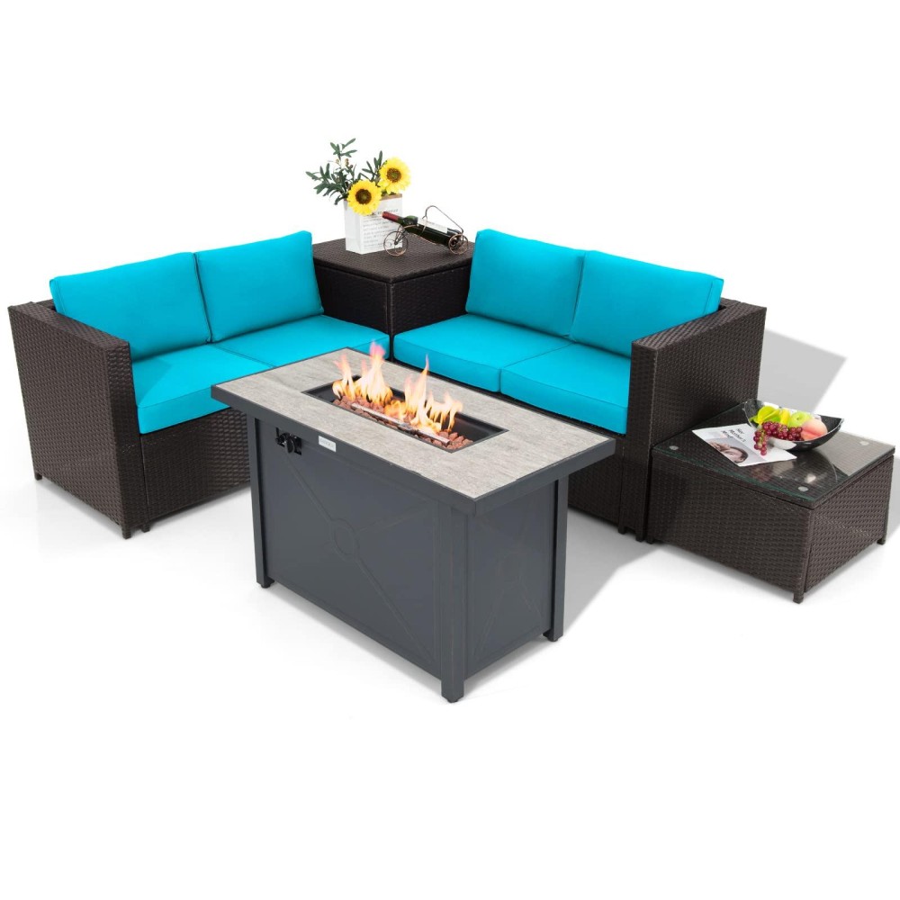 Tangkula 5-Piece Patio Furniture Set With 42 Inches Propane Fire Pit Table, Outdoor Wicker Conversation Set With Cushions, Storage Box And Coffee Table, 60,000 Btu Propane Fire Pit Table (Turquoise)