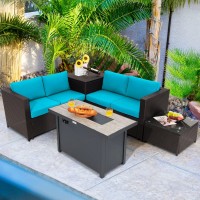 Tangkula 5-Piece Patio Furniture Set With 42 Inches Propane Fire Pit Table, Outdoor Wicker Conversation Set With Cushions, Storage Box And Coffee Table, 60,000 Btu Propane Fire Pit Table (Turquoise)