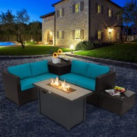 Tangkula 5-Piece Patio Furniture Set With 42 Inches Propane Fire Pit Table, Outdoor Wicker Conversation Set With Cushions, Storage Box And Coffee Table, 60,000 Btu Propane Fire Pit Table (Turquoise)