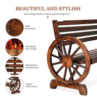 Vingli Outdoor Rustic Wooden Bench With Wagon Wheel Arms 3 People Outdoor Bench Garden Bench Front Porch Furniture Patio Lawn Y