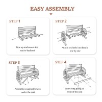 Vingli Outdoor Rustic Wooden Bench With Wagon Wheel Arms 3 People Outdoor Bench Garden Bench Front Porch Furniture Patio Lawn Y