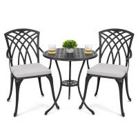 Nuu Garden 3 Piece Bistro Table Set Cast Aluminum Outdoor Patio Furniture With Umbrella Hole And Grey Cushions For Patio Balcony, Black With Golden Powder