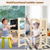 Asweets 4 In 1 Toddler Learning Standing Tower, Toddler Step Stool Table Combo, Wooden Kitchen Step Stool For Toddlers With Chalkboard, Anti-Slip Protection, Ideal Helping Tower For Toddlers