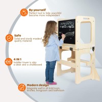 Asweets 4 In 1 Toddler Learning Standing Tower, Toddler Step Stool Table Combo, Wooden Kitchen Step Stool For Toddlers With Chalkboard, Anti-Slip Protection, Ideal Helping Tower For Toddlers