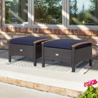 Tangkula 2 Piece Patio Rattan Ottomans  Outdoor Wicker Footstool W/Acacia Wood Handles  Soft Zippered Cushions  3-In-1 Function Footstool Seat & Side Table For Backyard  Balcony  Poolside (Navy)