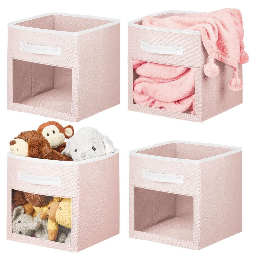 Mdesign Fabric Nursery/Playroom Closet Storage Organizer Bin Box With Front Handle/Window For Cube Furniture Shelving Units, Hold Toys, Clothes, Diapers, Bibs, Jane Collection, 4 Pack - Pink/White